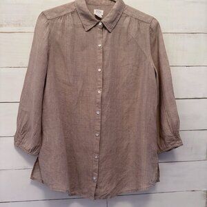 SMALL Sigrid Olsen Blush Beige Linen Shirt Smocked 3/4  Sleeve Blouse